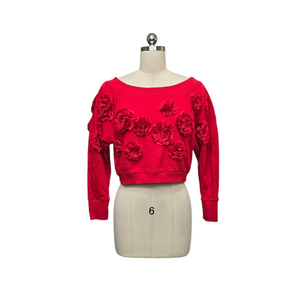 Maeve by Anthropologie‎ Red Cropped 3D Floral Rosette Sweatshirt XS Long Sleeve